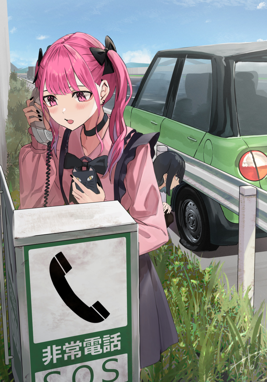 2girls absurdres backpack bag bangs black_bow black_hair black_nails black_skirt blue_hair blunt_bangs blush bow breasts buta5813 buttons car cellphone choker commentary_request desk fang flat_tire frilled_shirt frills gradient_hair grass green_eyes ground_vehicle hair_bow highres hinamizawa_hinami holding holding_phone jirai_kei medium_hair motor_vehicle multicolored_hair multiple_girls original outdoors paper pen phone phone_booth pink_eyes pink_hair pink_shirt road scenery shirt short_hair skirt small_breasts talking_on_phone twintails