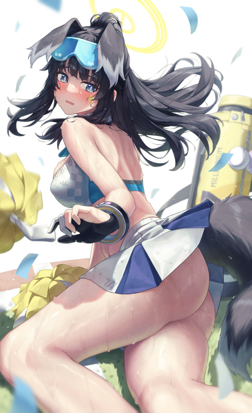 1girl absurdres animal_ears arm_support ass back banana_oekaki bangle bangs bare_legs bare_shoulders black_hair blue_archive blue_eyes blush bracelet breasts cheerleader crop_top dog_ears dog_girl dog_tail eyewear_on_head goggles goggles_on_head halo hibiki_(blue_archive) hibiki_(cheerleader)_(blue_archive) highres holding holding_pom_poms jewelry long_hair looking_at_viewer open_mouth pom_pom_(cheerleading) ponytail sitting skindentation skirt solo star_sticker sticker_on_face sunglasses tail thighs wet white_skirt