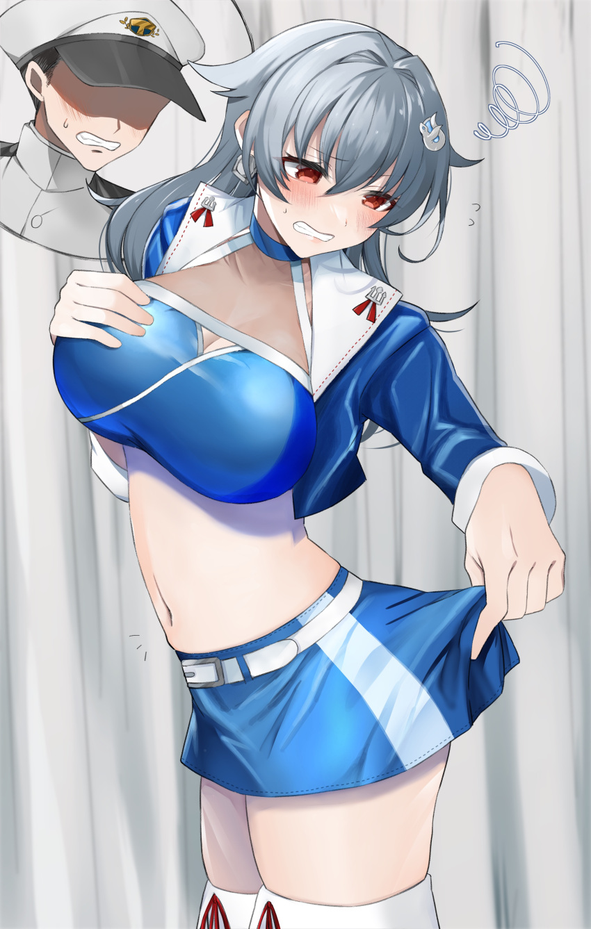 1girl absurdres admiral_(kancolle) black_hair blue_jacket blue_skirt body_switch breasts commentary_request commission cowboy_shot cropped_jacket hair_flaps halterneck highres jacket jingei_(kancolle) kantai_collection large_breasts looking_back miniskirt personality_switch race_queen red_eyes skeb_commission skirt skirt_hold solo thighhighs toriniku_senshi_chikinman turtleneck white_thighhighs wince