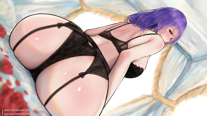 1girl ass bangs blurry blurry_foreground blush bra breasts curtains flower garter_belt genshin_impact huge_ass kitsune-neko large_breasts lingerie long_hair looking_at_viewer looking_back mole mole_under_eye panties patreon_username pixiv_id purple_eyes purple_hair raiden_shogun red_flower red_rose rose shiny shiny_skin sitting solo underwear underwear_only