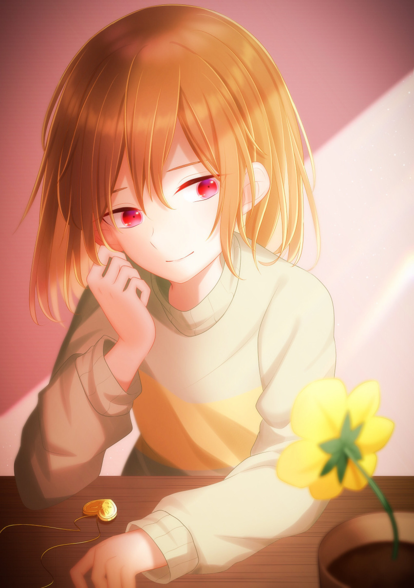 1other absurdres bangs brown_hair chara_(undertale) closed_mouth commentary_request flower green_sweater hair_between_eyes hand_on_own_face hand_up heart heart_necklace highres indoors jewelry long_sleeves looking_to_the_side necklace plant potted_plant puffy_long_sleeves puffy_sleeves red_eyes shadow short_hair single_stripe smile striped striped_sweater sunlight sweater table undertale wall yellow_flower yuupontan.