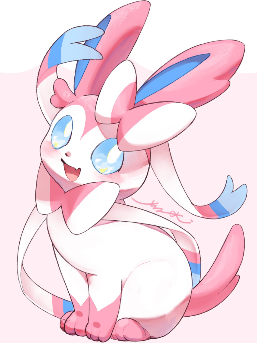 :d absurdres blue_eyes bright_pupils commentary_request fang full_body happy highres looking_at_viewer no_humans open_mouth pokemon pokemon_(creature) signature sitting smile solo surumeika_(ninfiiiir) sylveon tongue white_pupils