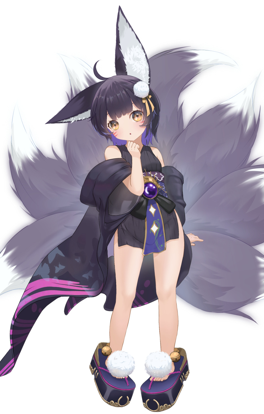 1girl absurdres aged_down animal_ears animal_print arm_behind_back azur_lane bare_legs bare_shoulders barefoot black_hair black_kimono blush butterfly_print facepaint fox_ears fox_girl fox_tail full_body gem hand_up head_tilt hhooaann highres japanese_clothes kimono kitsune large_ears legs_apart looking_at_viewer medium_hair multicolored_hair multiple_tails musashi_(azur_lane) off_shoulder oversized_clothes parted_lips pom_pom_(clothes) purple_gemstone purple_hair sandals short_hair short_kimono solo standing staring tail two-tone_hair wide_sleeves yellow_eyes