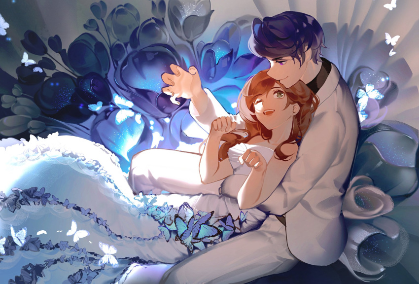 1boy 1girl :d bare_shoulders black_shirt blue_butterfly brown_hair bug butterfly closed_mouth collared_shirt dress formal green_eyes highres htwbjqdg8actmq6 jacket long_hair long_sleeves marius_von_hagen_(tears_of_themis) one_eye_closed open_mouth purple_eyes purple_hair rosa_(tears_of_themis) shirt short_hair sleeveless sleeveless_dress smile strapless strapless_dress tears_of_themis white_dress white_jacket