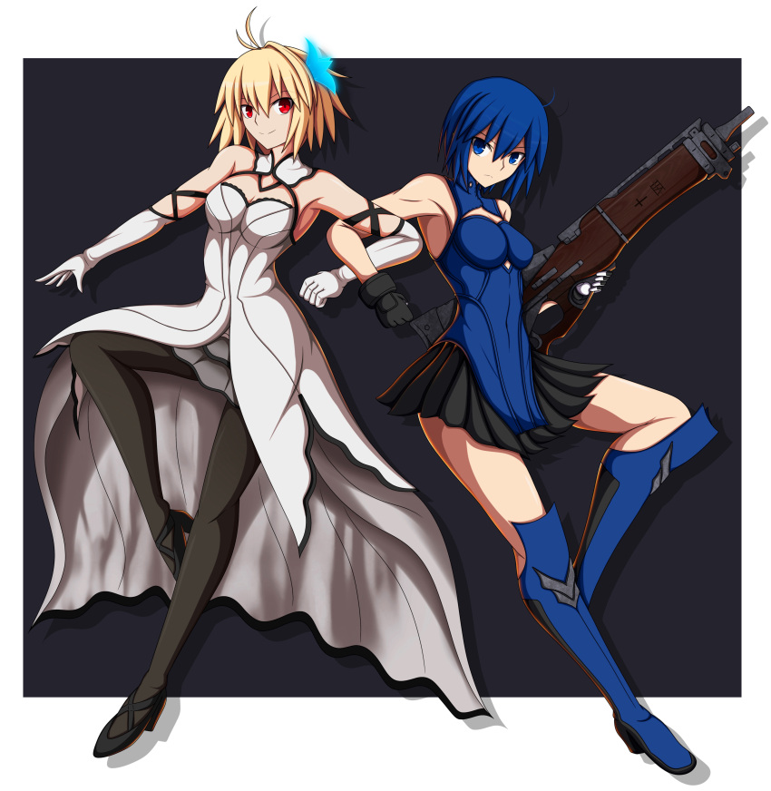 2girls absurdres arcueid_brunestud blonde_hair blue_dress blue_eyes blue_hair boots breasts ciel_(tsukihime) closed_mouth diamond_cutout dress frown full_body gloves highres looking_at_viewer medium_breasts multiple_girls pantyhose pile_bunker powered_ciel red_eyes seventh_holy_scripture short_hair sleeveless sleeveless_dress smile thigh_boots tsukihime tsukihime_(remake) weapon zeon132