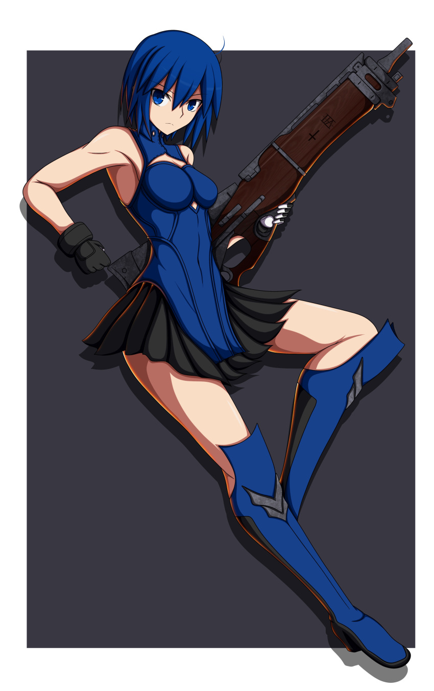 1girl absurdres bangs bare_shoulders blue_dress blue_eyes blue_hair boots breasts ciel_(tsukihime) dress full_body gloves highres holding looking_at_viewer medium_breasts pile_bunker powered_ciel short_hair skirt sleeveless sleeveless_dress solo thigh_boots tsukihime tsukihime_(remake) weapon zeon132