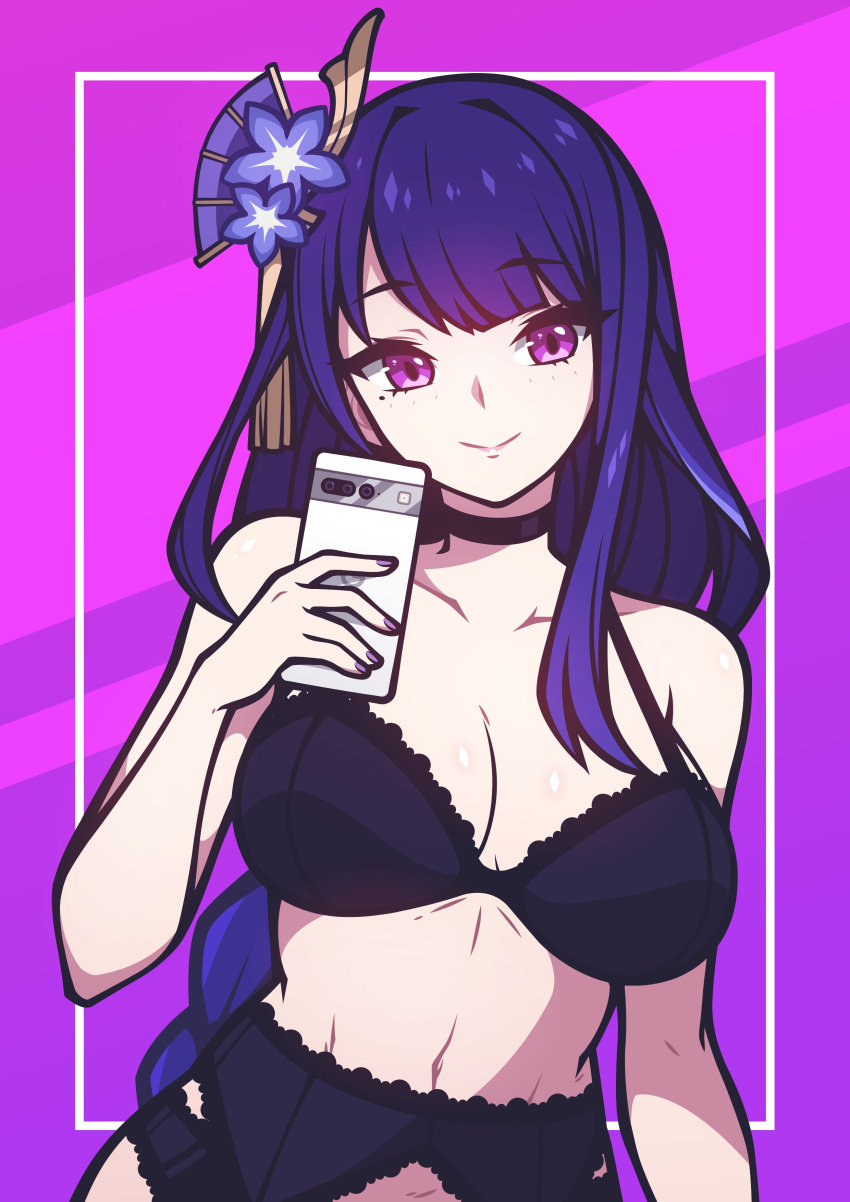 1girl absurdres bacon_strips bangs bra braid braided_ponytail breasts cellphone choker cleavage closed_mouth collarbone commission flower genshin_impact highres holding holding_phone jewelry large_breasts long_hair mole mole_under_eye navel phone purple_background purple_bra purple_eyes purple_flower purple_hair purple_nails purple_theme raiden_shogun ribbon selfie smartphone smile solo standing stomach underwear