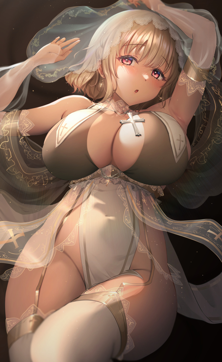 1girl :o armpits bangs blush breast_curtains breasts brown_hair cross cross_earrings curvy dress earrings garter_straps highres huge_breasts jewelry looking_at_viewer lying nun on_back original pelvic_curtain red_eyes solo thick_thighs thighhighs thighs wide_hips yuzuki_tsuzuru