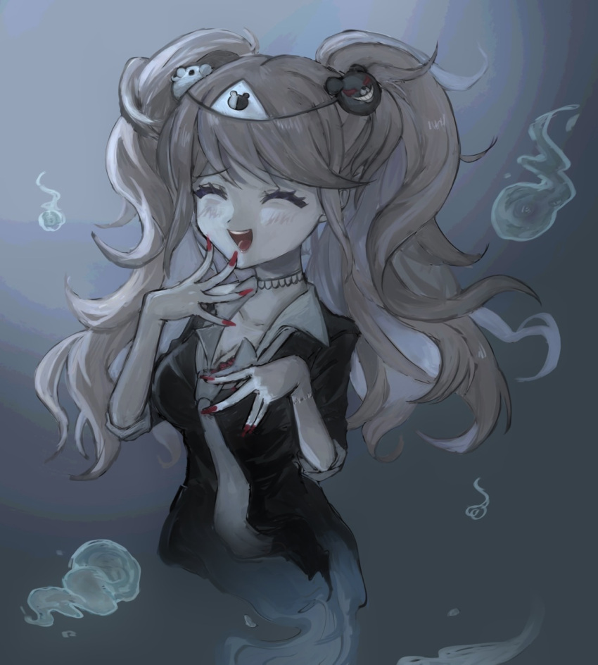 1girl :d bangs bear_hair_ornament black_shirt blonde_hair blush closed_eyes collarbone danganronpa:_trigger_happy_havoc danganronpa_(series) enoshima_junko ghost gradient gradient_background grey_background grey_necktie hair_ornament hands_up highres nail_polish necktie no_legs raru_(mqwmguqjc74hecq) red_nails shiny shiny_hair shirt smile solo teeth twintails upper_body upper_teeth