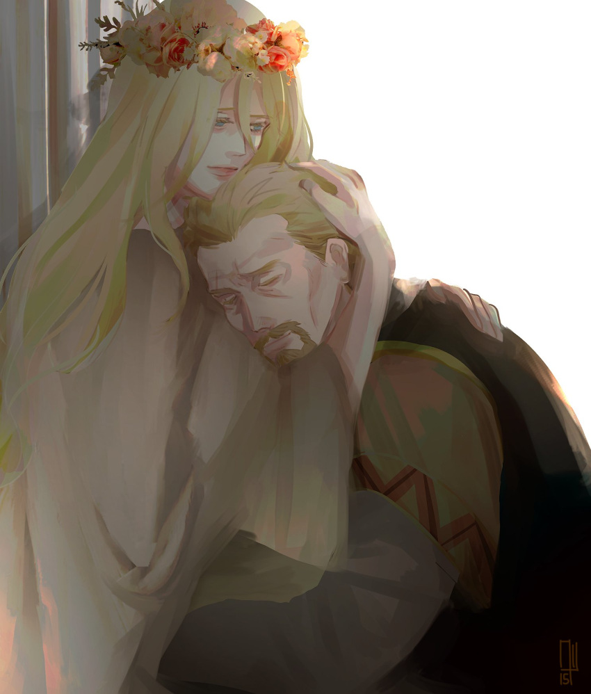 1boy 1girl ai-shii_(kasehara-chan) askeladd beard blonde_hair blue_eyes closed_eyes facial_hair hand_on_another's_face head_wreath highres hug long_hair lydia_(vinland_saga) mother_and_son short_hair straight_hair vinland_saga