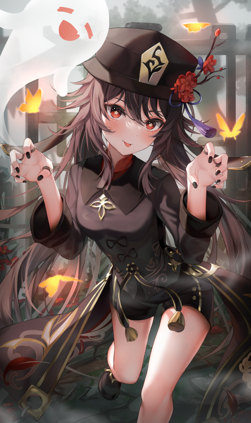 1girl bangs black_headwear black_nails black_shorts blush brooch brown_hair bug butterfly chinese_clothes collared_coat flower flower-shaped_pupils genshin_impact ghost hair_between_eyes hat hat_flower highres hu_tao_(genshin_impact) jewelry long_hair long_sleeves looking_at_viewer red_eyes ring shorts shuvi_(shuvi1125) solo symbol-shaped_pupils tassel twintails