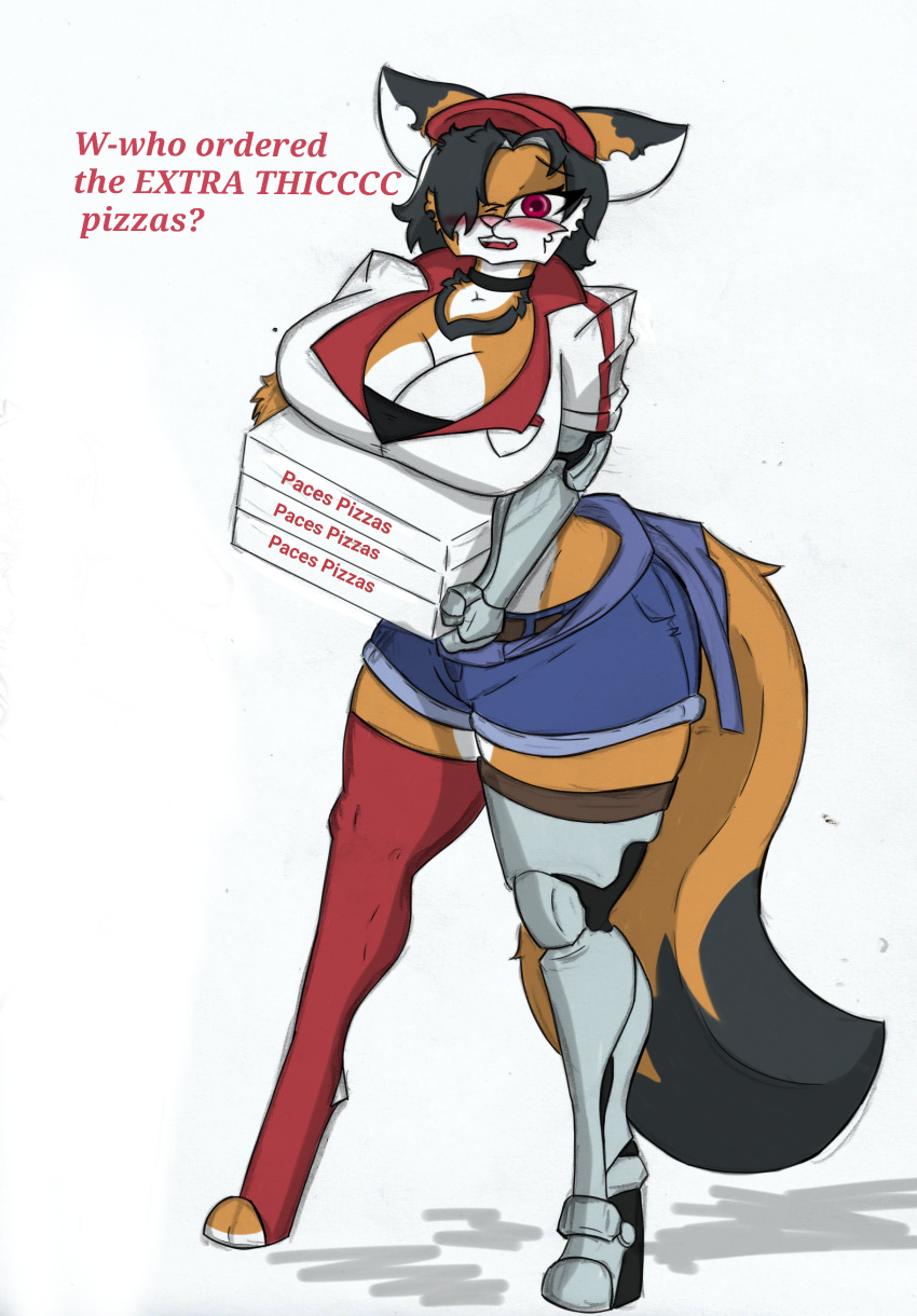 absurd_res anthro big_breasts blush blush_lines bottomwear breasts canid canine choker cleavage clothed clothing delivery_(disambiguation) dipstick_ears dipstick_tail english_text fan_character female fluffy fluffy_tail food fox fur hat headgear headwear hi_res jewelry legwear mammal markings mature_female multicolored_body multicolored_ears multicolored_fur neck_tuft necklace orange_body orange_fur pace-maker pink_eyes pizza prosthetic prosthetic_limb robotic_arm robotic_leg shirt shorts solo tail_markings text thigh_gap thigh_highs topwear tuft two_tone_body two_tone_fur vivian_boulevard white_body white_fur