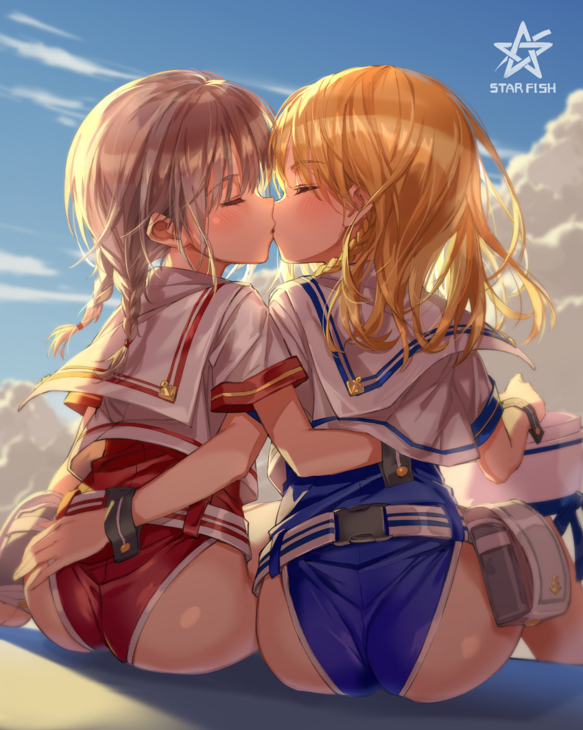 2girls absurdres ass blonde_hair blue_leotard blue_sky braid closed_eyes closed_mouth cloud commentary day from_behind grey_hair hat hat_removed headwear_removed highres leotard leotard_under_clothes long_hair michairu multiple_girls original outdoors profile red_leotard sailor_collar school_uniform serafuku shirt short_sleeves sky twin_braids white_headwear white_sailor_collar white_shirt wrist_cuffs yuri