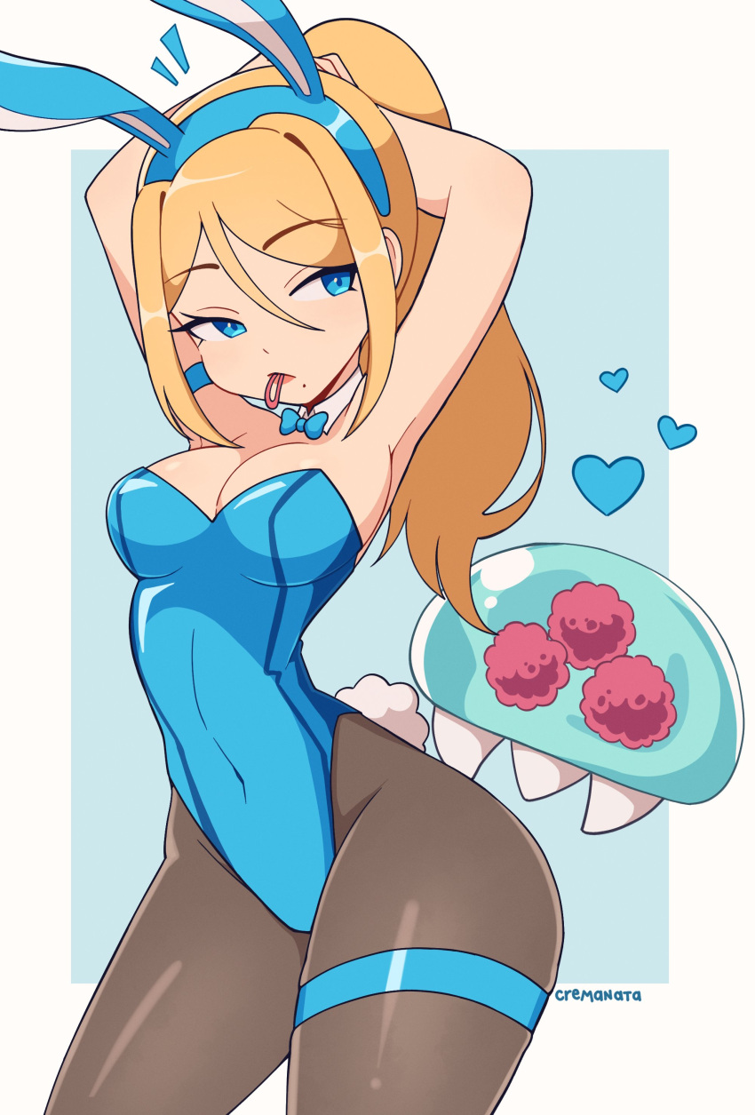 1girl absurdres animal_ears armpits arms_up artist_name bangs blonde_hair blue_bow blue_bowtie blue_leotard bow bowtie breasts cleavage covered_navel cremanata detached_collar fake_animal_ears fake_tail hair_between_eyes heart highres leotard looking_to_the_side metroid mole mole_under_mouth mouth_hold nintendo pantyhose playboy_bunny ponytail rabbit_ears rabbit_tail samus_aran solo standing strapless strapless_leotard tail thigh_strap
