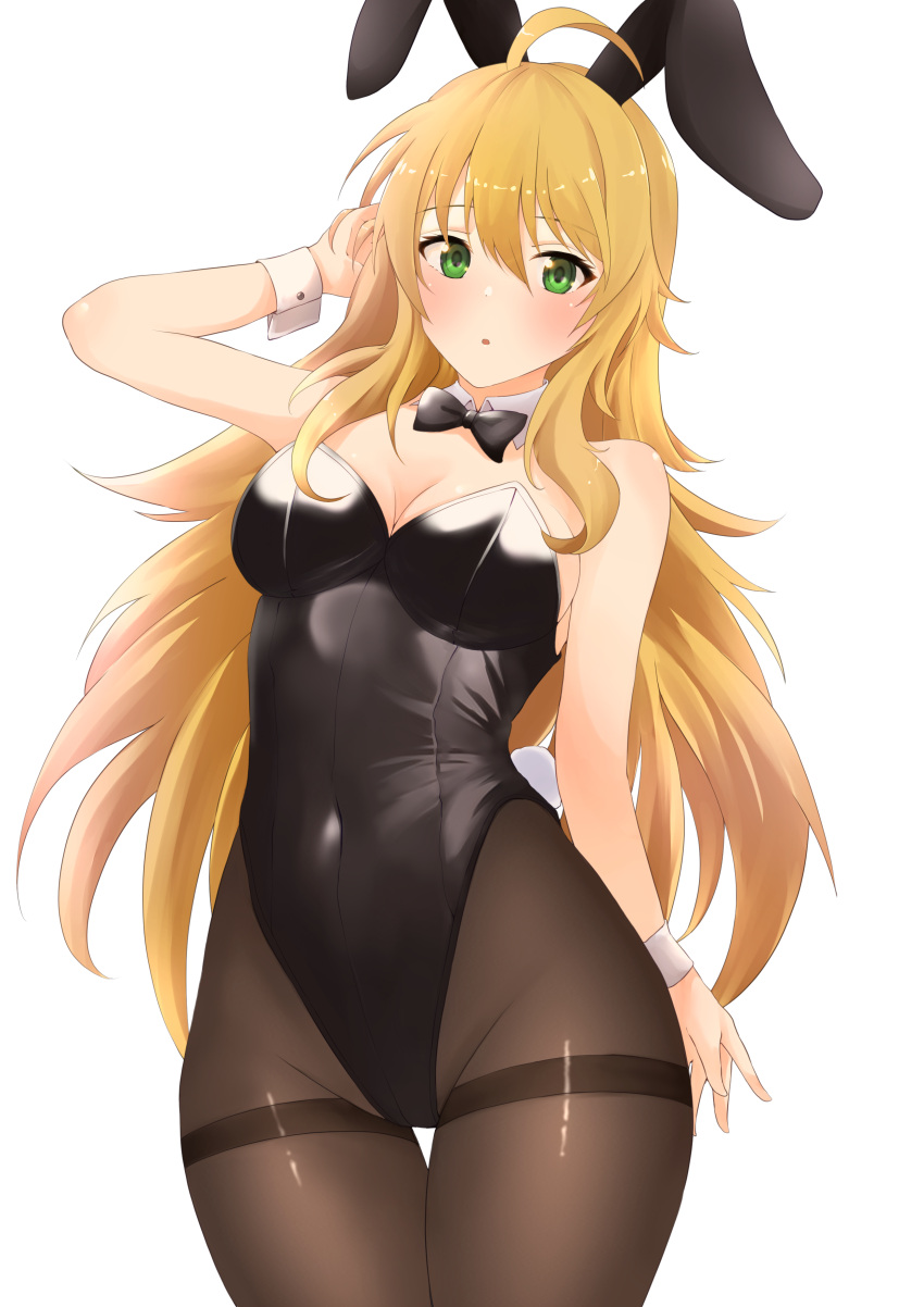 1girl absurdres ahoge animal_ears b1ack_illust black_bow black_bowtie black_leotard blonde_hair blush bow bowtie breasts cleavage covered_navel detached_collar fake_animal_ears green_eyes groin highres hoshii_miki idolmaster idolmaster_million_live! large_breasts leotard long_hair looking_at_viewer playboy_bunny rabbit_ears rabbit_tail simple_background solo tail very_long_hair white_background wrist_cuffs