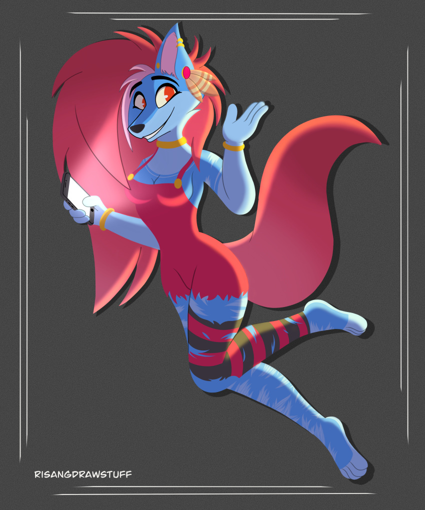 absurd_res anthro blue_body blue_fur bracelet canid canine clothed clothing collar dress female fur hair hi_res humanoid jayjay_(zoophobia) jewelry legwear mammal phone red_eyes red_hair risangdrawstuff shaded simple_background simple_shading solo stockings were werecanid werecanine werewolf zoophobia