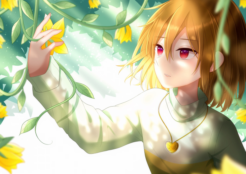 1other absurdres arm_up bangs brown_hair chara_(undertale) closed_mouth flower green_sweater hair_between_eyes hand_up heart heart_necklace highres jewelry leaf light_brown_hair long_sleeves looking_to_the_side necklace puffy_long_sleeves puffy_sleeves red_eyes short_hair simple_background single_stripe solo standing striped striped_sweater sunlight sweater teeth undertale white_background yellow_flower yuupontan.