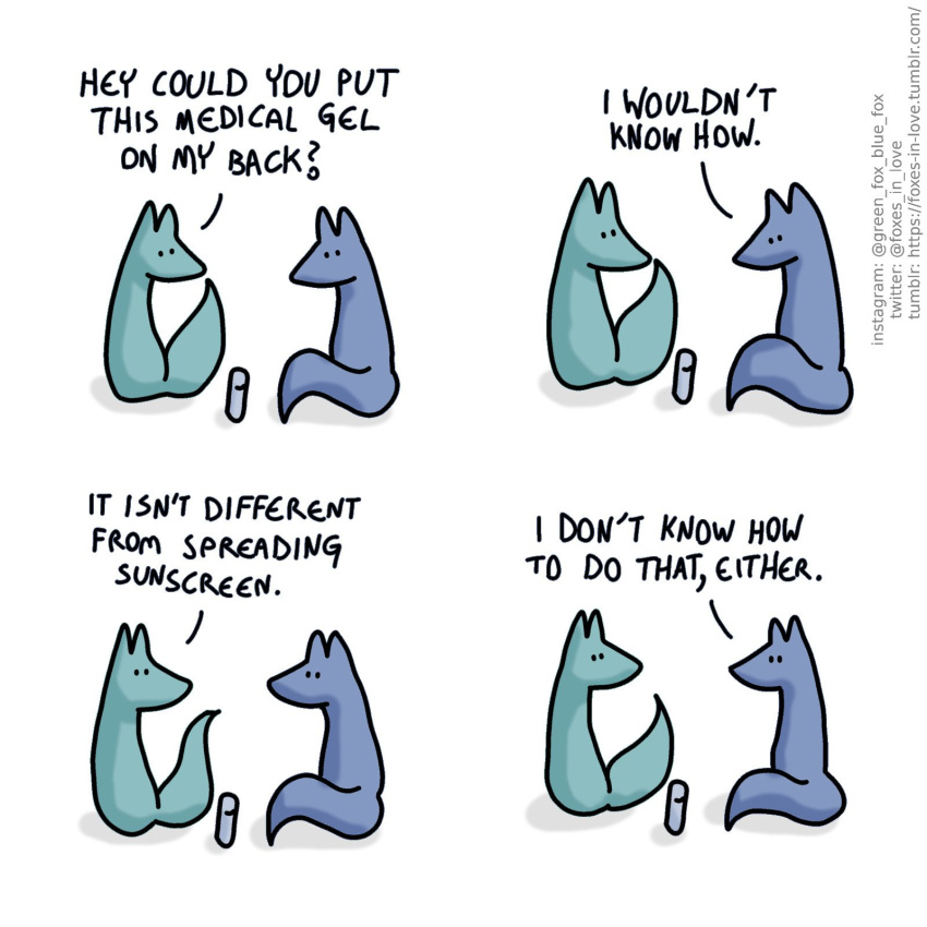 1:1 ambiguous_gender blue_body blue_fox_(foxes_in_love) blue_fur blue_tail canid canine comic dialogue duo english_text feral fox foxes_in_love fur green_body green_fox_(foxes_in_love) green_fur green_tail hi_res male_(lore) mammal shadow simple_background text url