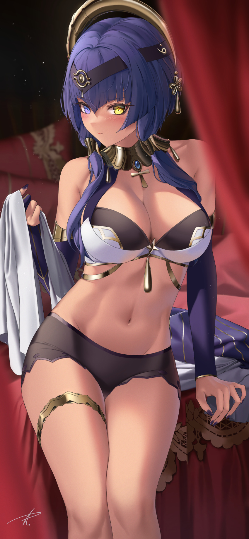 1girl absurdres arm_support bangs bare_shoulders black_hairband black_shorts blue_hair blurry blurry_foreground blush breasts bridal_gauntlets brooch candace_(genshin_impact) cleavage closed_mouth collarbone commentary_request dark-skinned_female dark_skin detached_sleeves eye_of_horus feet_out_of_frame genshin_impact gold_trim hair_ornament hair_over_shoulder hairband hand_up heterochromia highres holding jewelry large_breasts light_particles looking_at_viewer navel neck_ring purple_sleeves short_hair_with_long_locks short_shorts shorts sidelocks signature single_bridal_gauntlet sitting solo stomach thighlet thighs yabacha yellow_eyes