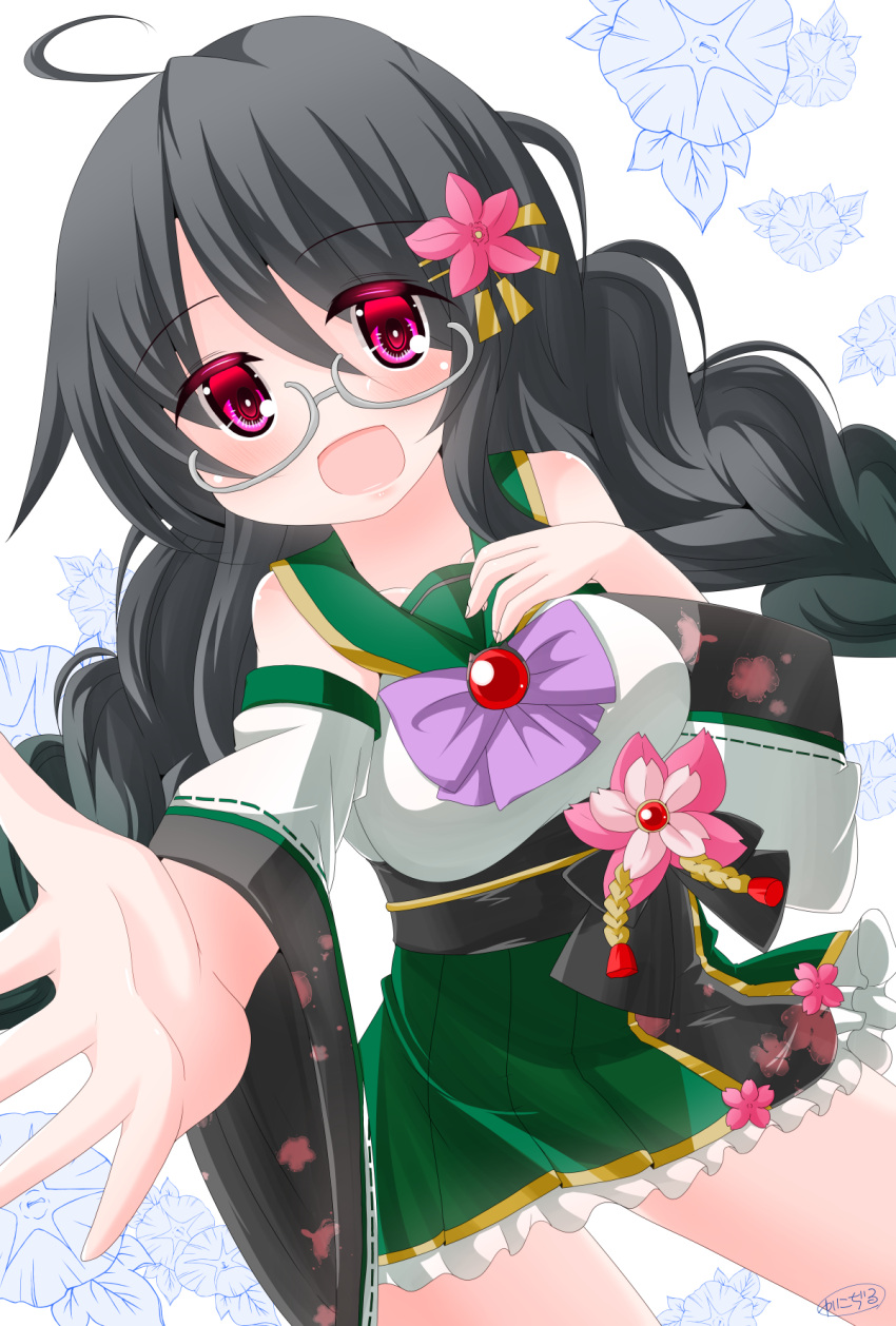 1girl bangs blush bow braid breasts commentary_request detached_sleeves floral_background flower frilled_skirt frills glasses green_sailor_collar green_skirt grey-framed_eyewear hair_between_eyes hair_flower hair_ornament highres kanijiru long_hair long_sleeves low_twintails medium_breasts obi onsen_musume outstretched_arm pink_flower pleated_skirt purple_bow purple_eyes ribbon-trimmed_sleeves ribbon_trim sailor_collar sash semi-rimless_eyewear shirt simple_background skirt sleeveless sleeveless_shirt solo twin_braids twintails under-rim_eyewear very_long_hair white_background white_shirt white_sleeves wide_sleeves