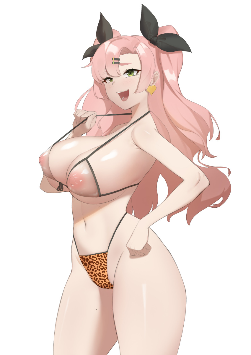 1girl absurdres alternate_costume animal_print bangs bikini bikini_pull black_ribbon breasts bunpil clothes_pull covered_nipples earrings from_side green_eyes gyaru hair_ornament hair_ribbon hairclip hand_on_hip heart heart_earrings highleg highleg_bikini highres jewelry large_breasts leopard_print long_hair looking_at_viewer mole mole_on_breast mole_on_thigh mole_under_eye navel nicole_demara nipples open_mouth parted_bangs pink_hair ribbon school_uniform see-through simple_background smile smug solo strap_gap strap_lift string_bikini swimsuit two_side_up white_background zenless_zone_zero