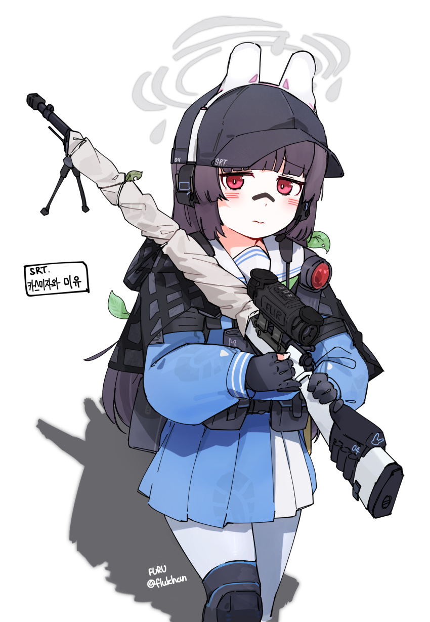 1girl absurdres baseball_cap bipod black_gloves black_hair black_headwear blue_archive blue_serafuku blue_shirt blue_skirt blush bolt_action closed_mouth facial_mark flukhan gloves gun halo hat highres holding holding_gun holding_weapon knee_pads leaf leaf_on_head long_hair long_sleeves looking_at_viewer miyu_(blue_archive) mosin-nagant original pantyhose partially_fingerless_gloves pleated_skirt puffy_long_sleeves puffy_sleeves red_eyes rifle sailor_collar school_uniform serafuku shadow shirt simple_background single_knee_pad skirt sniper_rifle sniper_scope solo twitter_username very_long_hair wavy_mouth weapon white_background white_pantyhose white_sailor_collar