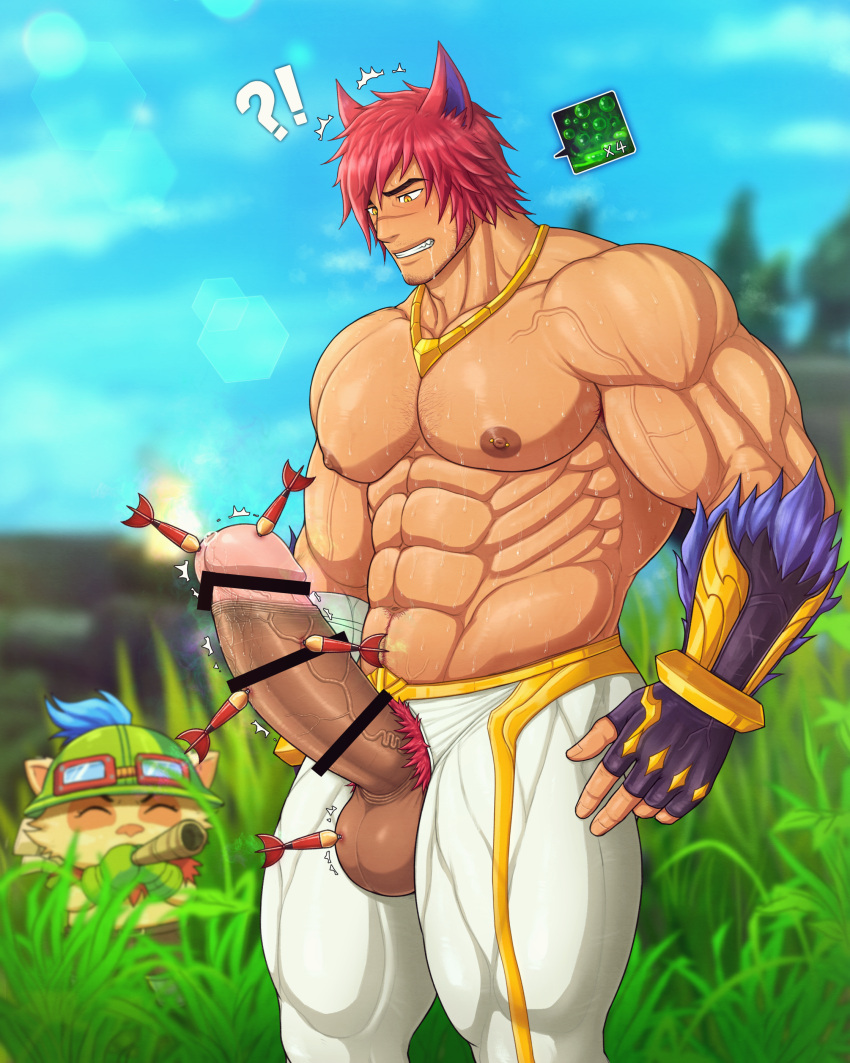 2boys abs absurdres animal_ears armpit_hair armpits bar_censor bara biceps blood blurry blurry_background bush censored chest_hair cloud cloudy_sky coco342 dart erection fingerless_gloves gauntlets gloves goggles grass guro hat highres huge_penis jewelry large_pectorals league_of_legends male_focus manly mature_male multiple_boys muscular muscular_male navel navel_hair necklace nipple_piercing nipples outdoors pants pectorals penis piercing pubic_hair red_hair scar scar_on_face scar_on_nose sett_(league_of_legends) sky spiked_hair sunlight sweat sweatdrop teemo teeth testicles thick_arms thick_eyebrows thick_thighs thighs tight veins veiny_arms veiny_penis yellow_eyes