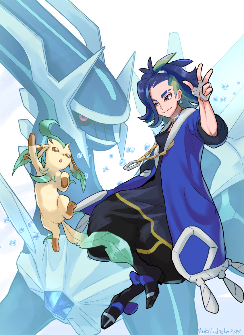 1boy adaman_(pokemon) bangs blue_coat blue_hair brown_eyes closed_mouth coat collar commentary_request crystal dialga earrings eyebrow_cut green_hair hand_up hand_wraps highres jewelry kakikuyeko3181 leafeon male_focus multicolored_hair pokemon pokemon_(creature) pokemon_(game) pokemon_legends:_arceus smile w white_background