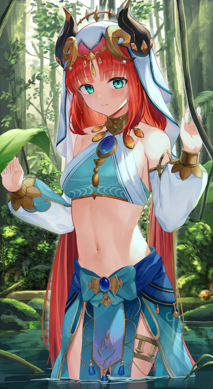 1girl absurdres aqua_eyes bangs bare_shoulders blue_skirt blush brooch commentary cowboy_shot crop_top detached_sleeves forest genshin_impact hands_up highres horns jewelry long_hair long_sleeves looking_at_viewer midriff nature navel nilou_(genshin_impact) outdoors red_hair skirt smile solo standing stomach thighlet veil wading water yatsucchie