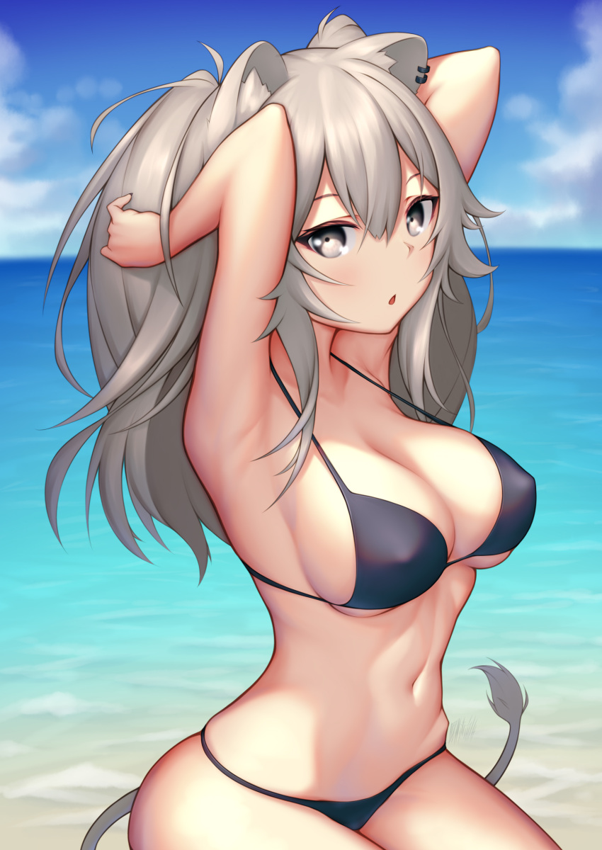 1girl animal_ears armpits arms_behind_head arms_up beach bikini breasts chestnut_mouth cleavage collarbone covered_nipples grey_eyes grey_hair highres hololive large_breasts lion_ears lion_girl lion_tail long_hair looking_at_viewer navel nitrus ocean open_mouth presenting_armpit shishiro_botan sitting solo swimsuit tail virtual_youtuber