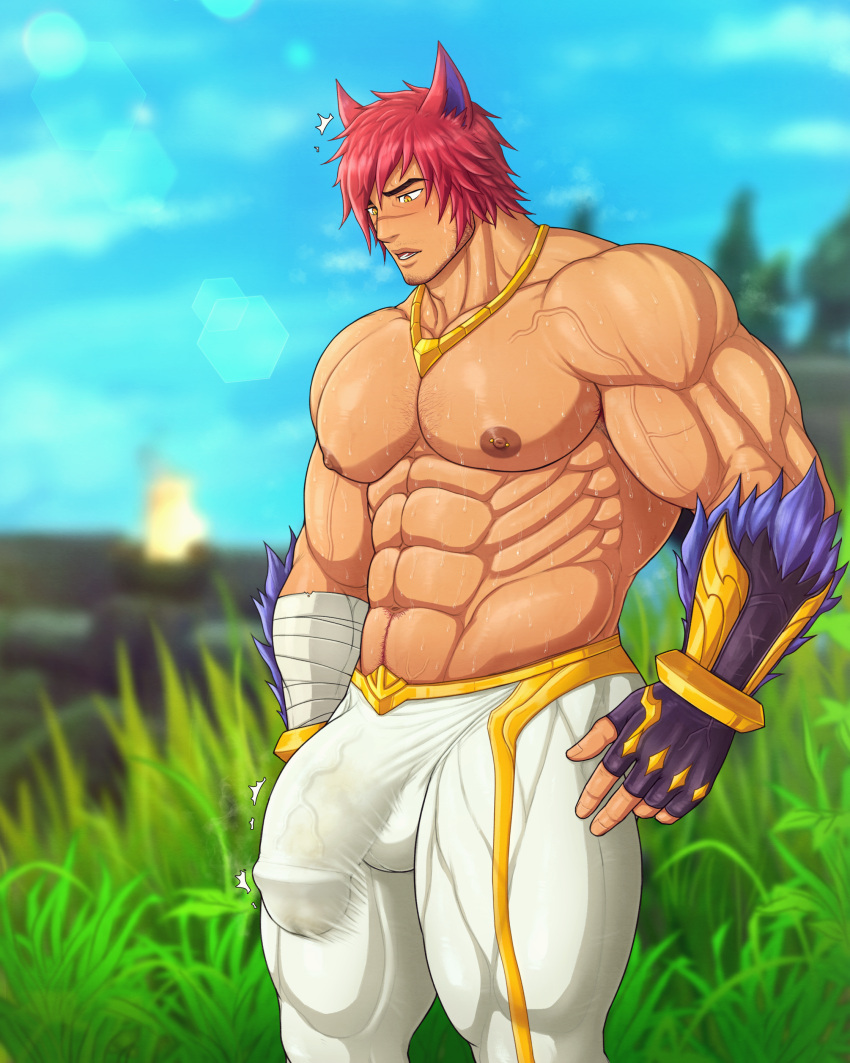 1boy abs absurdres animal_ears armpit_hair armpits bara biceps blurry blurry_background bulge bush chest_hair cloud cloudy_sky coco342 erection erection_under_clothes fingerless_gloves gauntlets gloves grass highres jewelry large_pectorals league_of_legends male_focus manly mature_male muscular muscular_male navel navel_hair necklace nipple_piercing nipples open_mouth outdoors pants pectorals piercing red_hair scar scar_on_face scar_on_nose sett_(league_of_legends) sky solo spiked_hair sunlight sweat sweatdrop teeth thick_arms thick_eyebrows thick_thighs thighs tight veins veiny_arms yellow_eyes