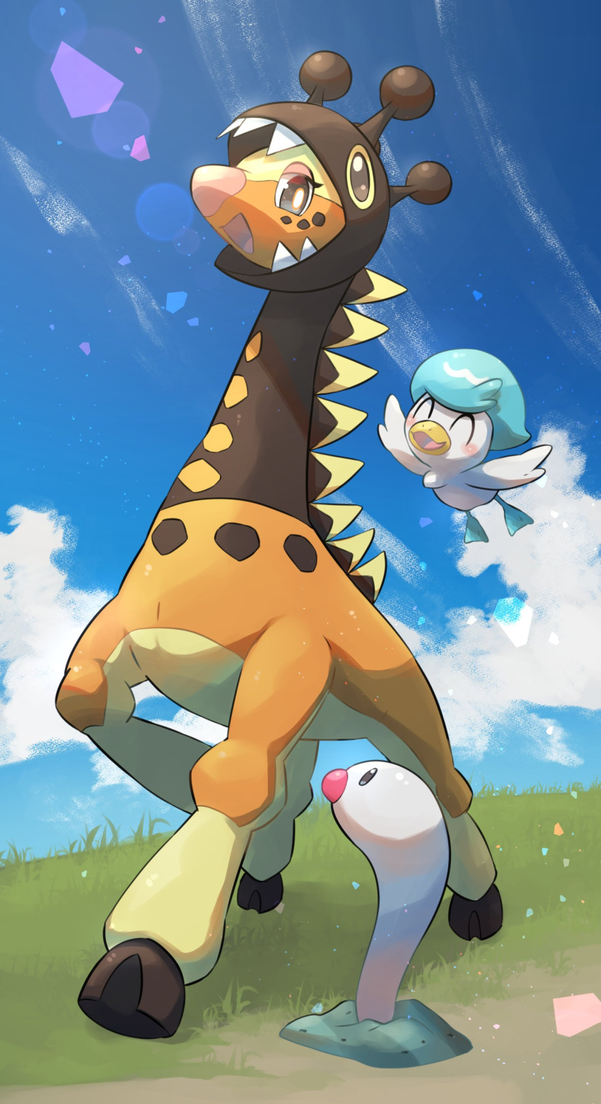 :d absurdres bright_pupils cloud day farigiraf flying full_body grass happy highres no_humans nullma open_mouth outdoors pokemon pokemon_(creature) pokemon_(game) pokemon_sv quaxly sharp_teeth smile standing teeth white_pupils wiglett