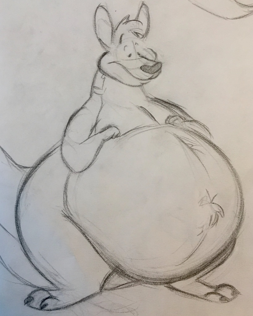 2019 anthro belly big_belly claws fur hand_on_stomach hi_res kangaroo kygen_(kygen) looking_down looking_down_at_self looking_down_at_stomach macropod male mammal marsupial nude obese obese_anthro obese_male overweight overweight_anthro overweight_male praceph solo standing toe_claws wide_eyed