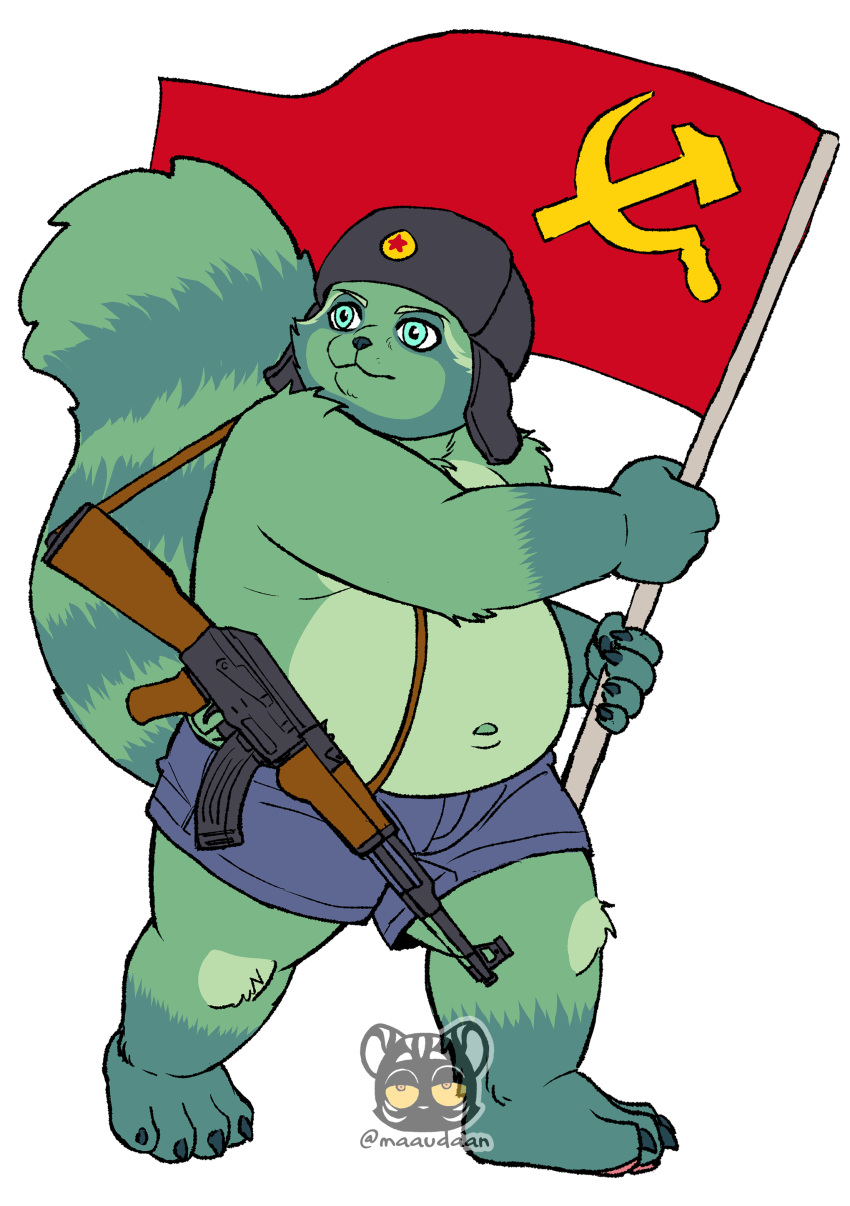 4_toes 5_fingers absurd_res ak-47 alpha_channel anthro assault_rifle border bottomwear claws clothed clothing communism feet fingers flag fred_(fredrick_brennan) fur green_body green_fur gun hat headgear headwear hi_res holding_flag holding_object maaudaan_tg male mammal navel overweight overweight_male political_cartoon politics procyonid raccoon ranged_weapon rifle russian shorts solo soviet_flag soviet_union toe_claws toes transparent_border ushanka weapon