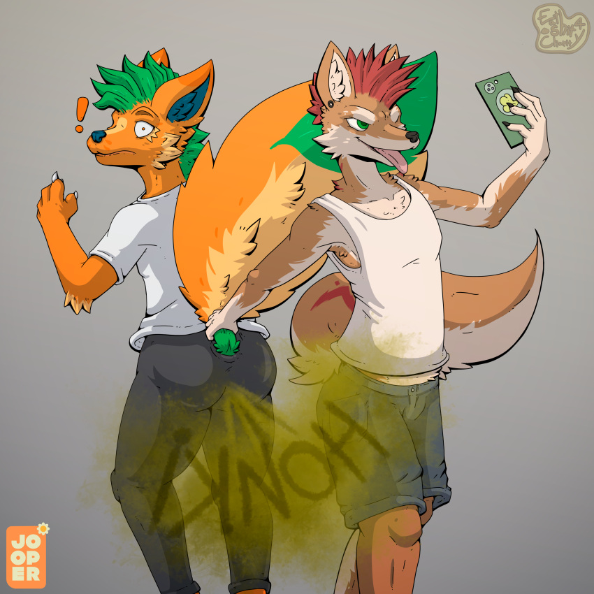 1:1 absurd_res anthro black_nose blue_nose brown_body brown_fur butt canid canine canis casey_(dmb) clothed clothing dingo duo ear_piercing elbow_tuft facial_tuft fart fart_cloud fluffy fluffy_tail fur furgonomics gas green_eyes green_hair grey_background hair hi_res holding_object holding_phone humanoid_hands hybrid inner_ear_fluff jooper male male/male mammal mephitid mohawk nails orange_body orange_fur phone piercing rear_view red_hair selfie shirt simple_background skunk smile surprise surprised_expression sweatpants tail_grab tank_top tongue tongue_out topwear tuft white_body white_fur wide_eyed wolf