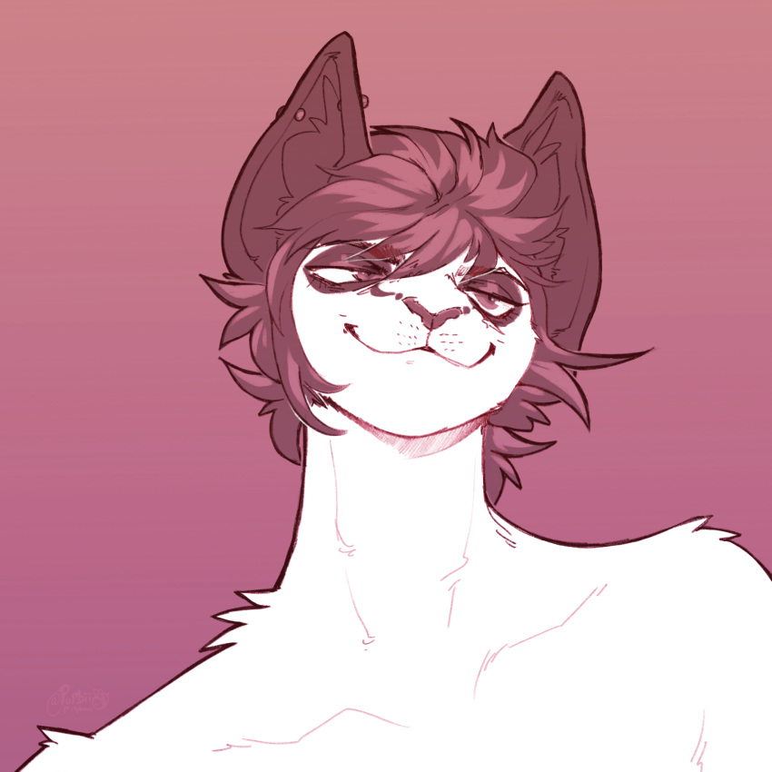 1:1 anthro barbell_piercing bust_portrait ear_piercing felid front_view glistening glistening_eyes hair hi_res inner_ear_fluff looking_at_viewer male mammal messy_hair monochrome narrowed_eyes nude piercing portrait pupbii short_hair shoulder_tuft signature simple_background smile solo tuft