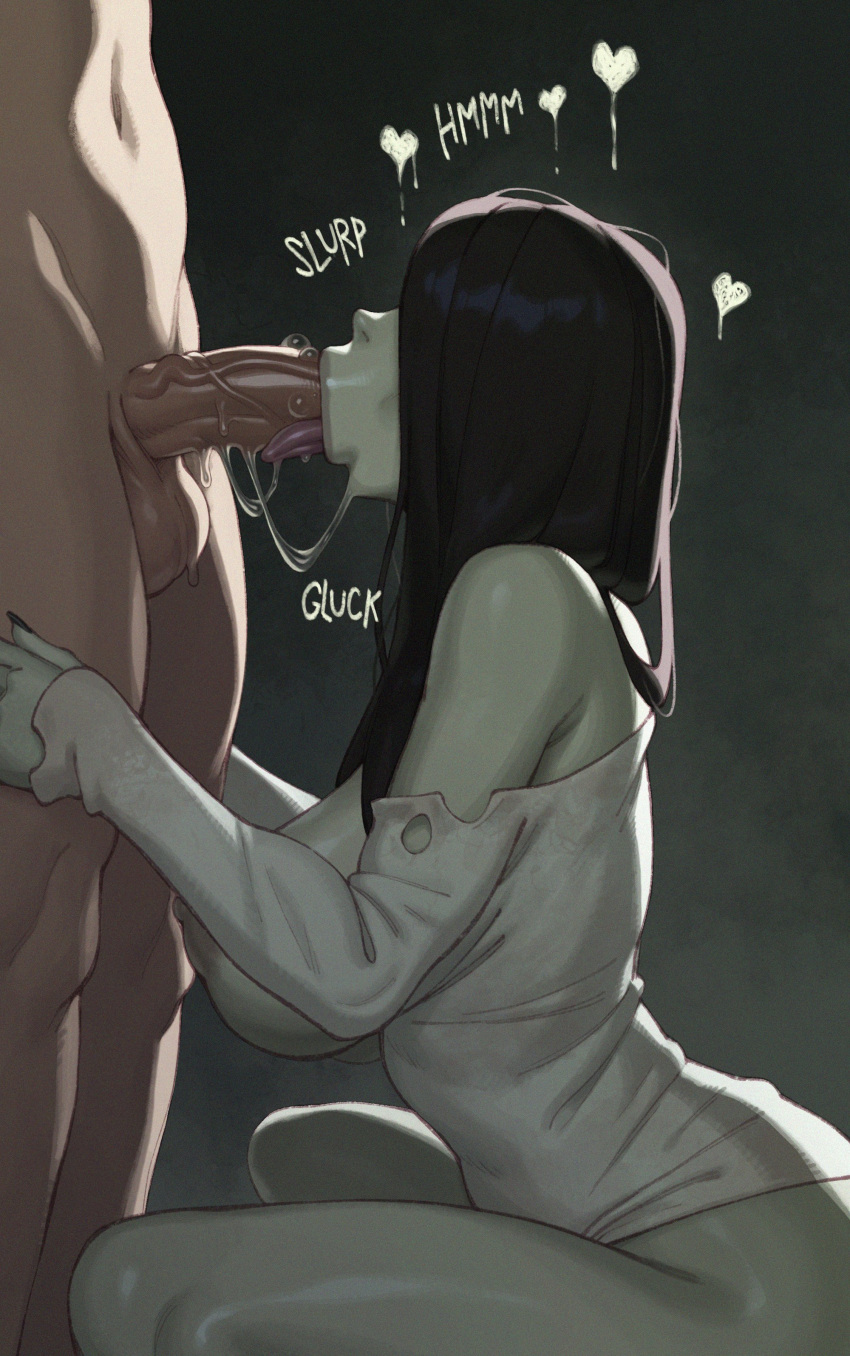 1boy 1girl absurdres black_hair breasts clothed_female_nude_male fellatio from_side ghost hair_over_face heart highres large_breasts long_hair nipples nose nude oral pale_skin penis riz saliva the_ring torn_clothes veins veiny_penis yamamura_sadako