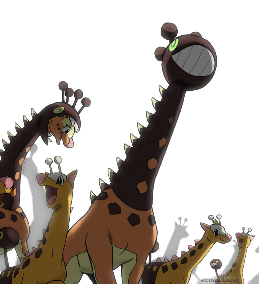 antennae do9bessa evolutionary_line extra_heads fangs farigiraf girafarig highres long_neck looking_at_another no_humans open_mouth pokemon pokemon_(creature) sharp_teeth smile spines teeth