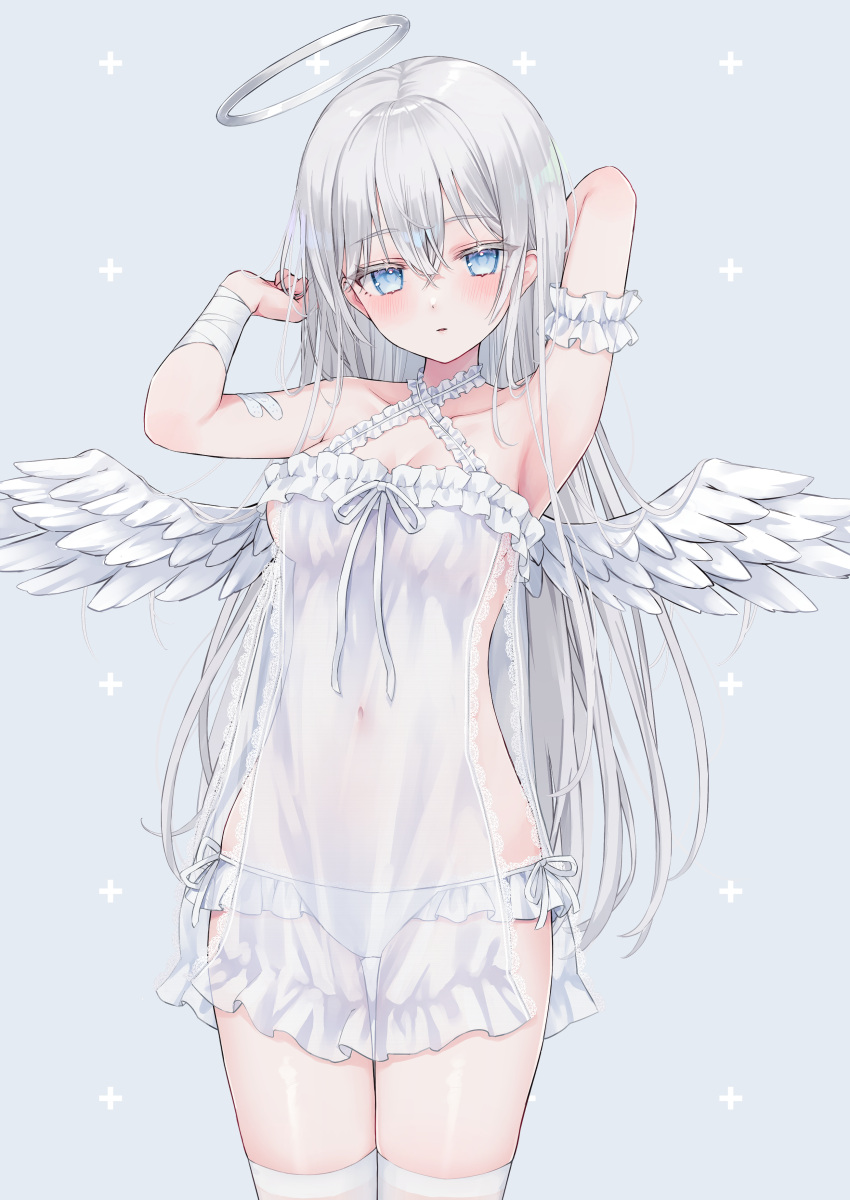 1girl absurdres angel angel_wings arm_garter babydoll bandaged_arm bandages blue_eyes blush breasts chemise cowboy_shot criss-cross_halter feathered_wings frilled_chemise grey_hair hair_between_eyes halo halterneck highres long_hair looking_at_viewer no_bra original panties see-through see-through_chemise shano_hiyori sideless_outfit simple_background solo thighhighs underwear very_long_hair white_chemise white_panties white_thighhighs white_wings wings