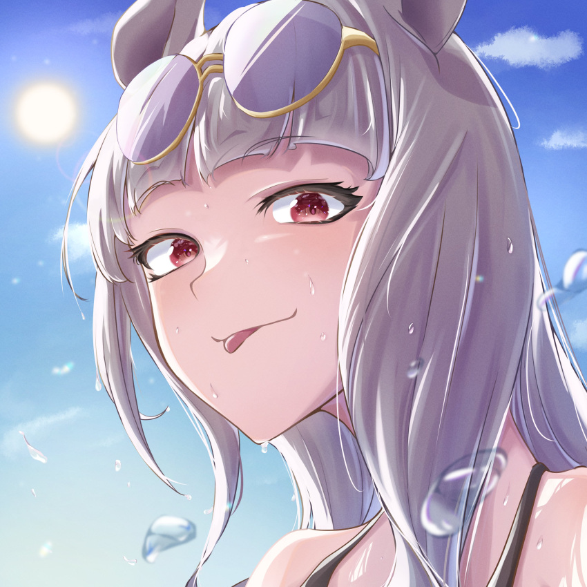 1girl :p absurdres animal_ears bare_shoulders blue_sky closed_mouth cloud commentary_request day eyewear_on_head gold_ship_(run_revolt_launcher)_(umamusume) gold_ship_(umamusume) grey_hair highres horse_ears looking_at_viewer merurunya outdoors purple-tinted_eyewear red_eyes sky smile solo sun super_smashing_summer_vacation_(umamusume) tinted_eyewear tongue tongue_out umamusume upper_body water_drop yellow-framed_eyewear
