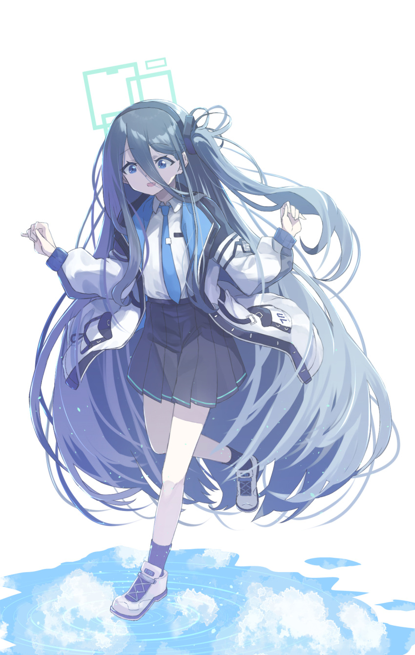 1girl absurdly_long_hair arisu_(blue_archive) arm_up black_skirt blue_archive blue_eyes blue_hair cloud collared_shirt dark_blue_hair full_body highres jacket long_hair long_sleeves looking_down miimu_(nelreg3) open_clothes open_jacket open_mouth puddle reflection ripples shirt shoes skirt sky sneakers solo stepping tie_clip very_long_hair white_background white_shirt