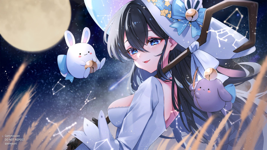 1girl artist_name bangs bell black_hair blue_eyes commission eneru_(enepuni) hat highres indie_virtual_youtuber long_hair looking_at_viewer moon rabbit seol_(teacuppity) smile solo twitter_username virtual_youtuber wheat witch_hat