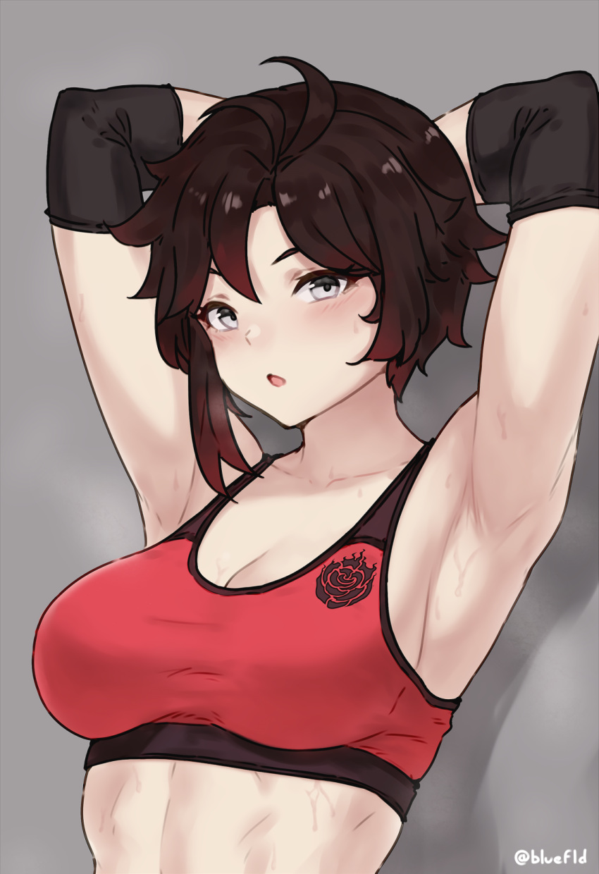 1girl armpits arms_behind_head bluefield breasts brown_hair elbow_sleeve grey_background grey_eyes highres large_breasts looking_at_viewer open_mouth red_sports_bra ruby_rose rwby short_hair simple_background solo sports_bra sweat upper_body