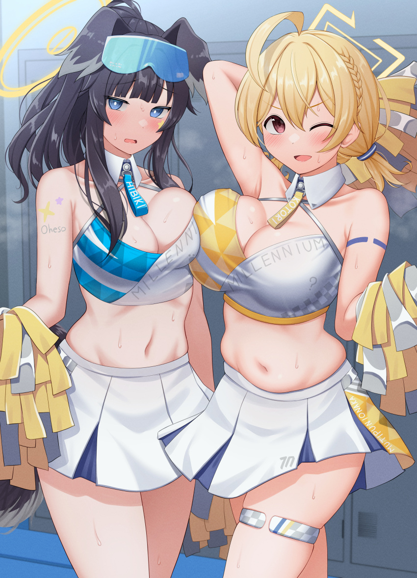 2girls absurdres ahoge animal_ears bangs bare_shoulders black_hair blonde_hair blue_archive blue_eyes blush braid breast_press breasts cheerleader cleavage crop_top dog_ears dog_girl dog_tail eyewear_on_head goggles goggles_on_head halo hibiki_(blue_archive) hibiki_(cheerleader)_(blue_archive) highres holding holding_pom_poms kotori_(blue_archive) kotori_(cheerleader)_(blue_archive) large_breasts long_hair looking_at_viewer low_twintails midriff multiple_girls navel nekojima open_mouth pom_pom_(cheerleading) red_eyes skirt smile star_sticker steaming_body sticker_on_arm sticker_on_face sweat symmetrical_docking tail twintails