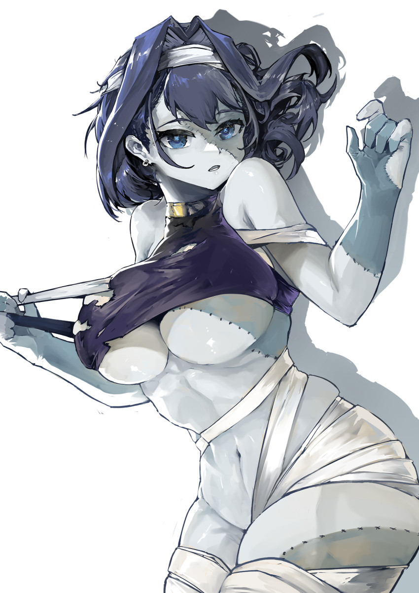 1girl absurdres bandages bangs blue_eyes blue_hair breasts colored_skin hair_intakes headband highres hololive hololive_english large_breasts looking_at_viewer ouro_kronii patchwork_skin short_hair solo stitches underboob virtual_youtuber vyragami white_background zombie zombification