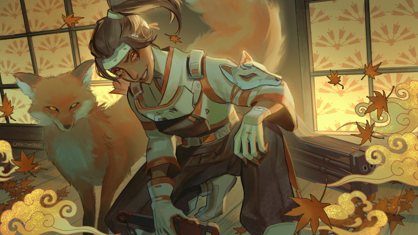 1girl apex_legends autumn_leaves black_pants brown_eyes brown_hair crafty_kitsune_rampart dark-skinned_female dark_skin fingerless_gloves fox gloves hair_behind_ear hairband hand_on_own_knee highres holding holding_wrench jacket looking_to_the_side official_alternate_costume pants problem_solver_(apex_legends) rampart_(apex_legends) reikichi side_ponytail smile solo squatting tooth_gap white_footwear white_gloves white_hairband white_jacket wrench
