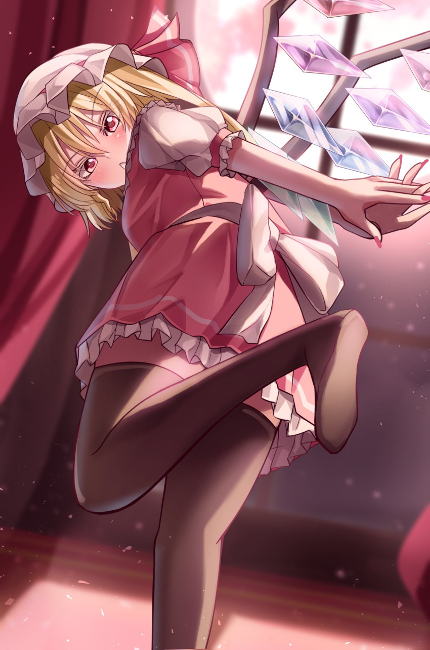 1girl ascot blonde_hair collared_shirt crystal fang flandre_scarlet frilled_shirt_collar frilled_skirt frilled_sleeves frills hat highres looking_at_viewer looking_back maboroshi_mochi medium_hair mob_cap no_shoes one_side_up own_hands_together puffy_short_sleeves puffy_sleeves red_eyes red_skirt red_vest shirt short_sleeves skirt skirt_set slit_pupils solo thighhighs touhou vest white_headwear white_shirt window wings wrist_cuffs yellow_ascot