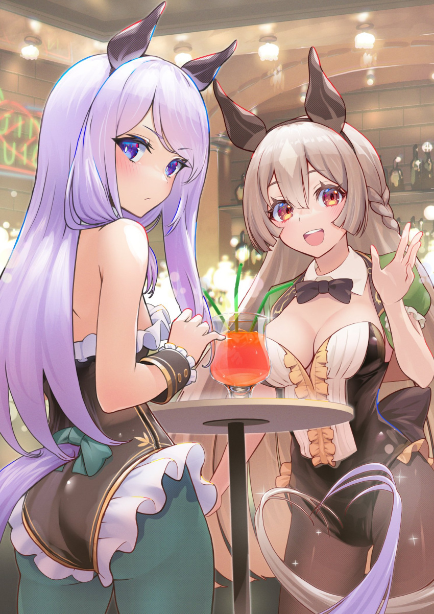 2girls alternate_costume animal_ears ass bangs bar black_leotard black_pantyhose blush bottle bow bowtie breasts brown_hair ceiling_light center_frills cleavage closed_mouth cowboy_shot cup detached_collar drinking_glass drinking_straw frilled_leotard frills green_pantyhose groin hairband hand_up highres horse_ears horse_girl horse_tail indoors leotard long_hair looking_at_viewer looking_back making-of_available medium_breasts mejiro_mcqueen_(umamusume) multiple_girls nabe_saori open_mouth orange_eyes pantyhose purple_eyes purple_hair round_table satono_diamond_(umamusume) shrug_(clothing) smile sparkle table tail tail_through_clothes teeth umamusume upper_teeth waving wrist_cuffs