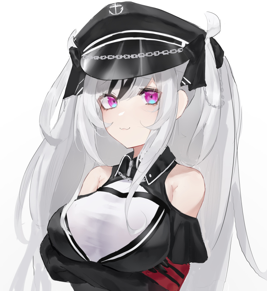 1girl azur_lane bangs black_dress black_headwear breasts closed_mouth crossed_arms dress elbe_(azur_lane) hair_ribbon hat highres long_hair looking_at_viewer lump_saury medium_breasts multicolored_eyes multicolored_hair peaked_cap purple_eyes ribbon smile solo streaked_hair twintails upper_body white_background white_hair