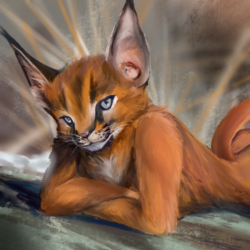 anthro blurred_background detailed_background felid feline fur hi_res looking_at_viewer lying lynx male mammal on_front orange_body orange_fur solo stampmats